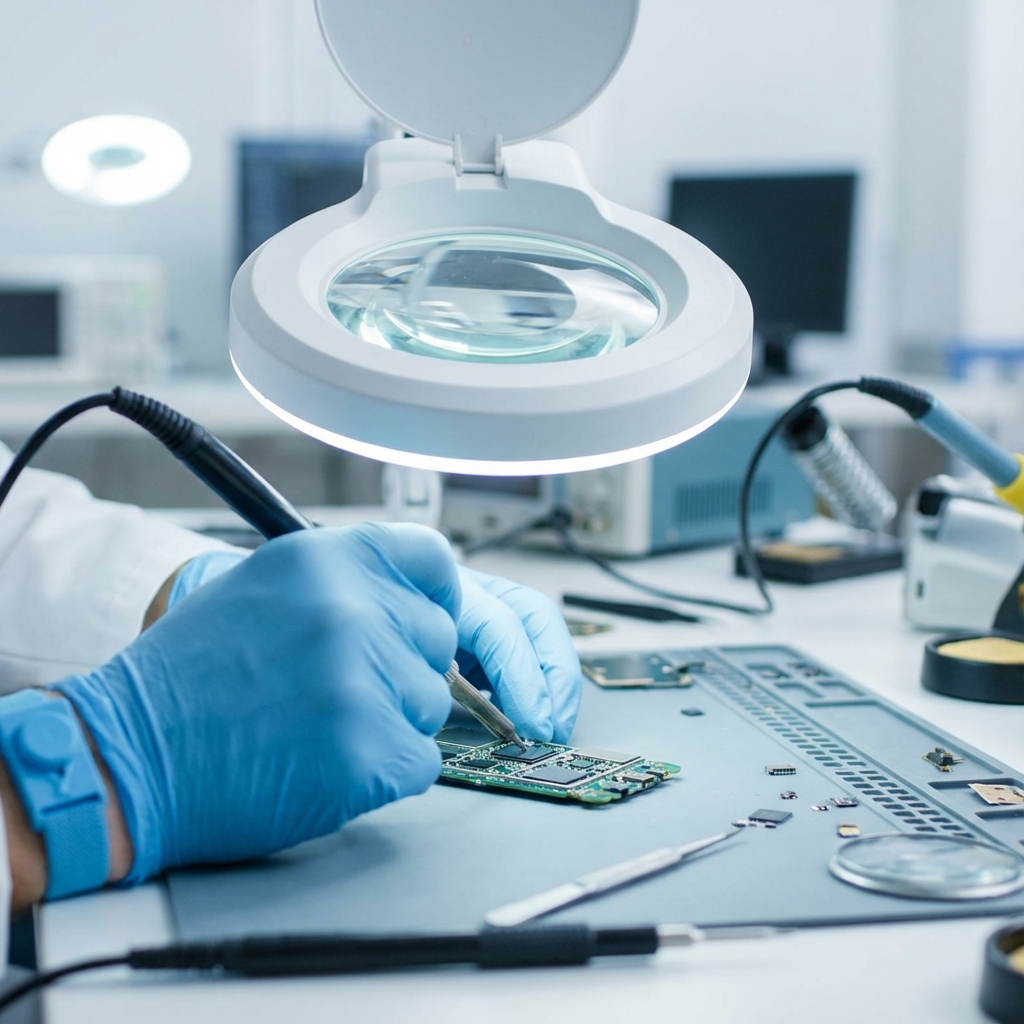 Técnico da ClickCell consertando iPhone na bancada em Uberlândia