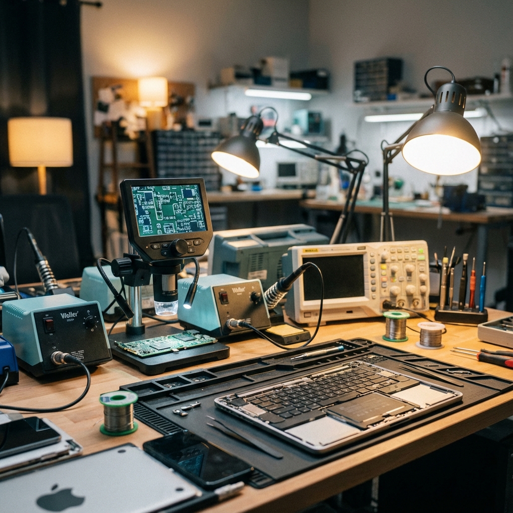 Laboratório da ClickCell em Uberlândia com bancada de eletrônica